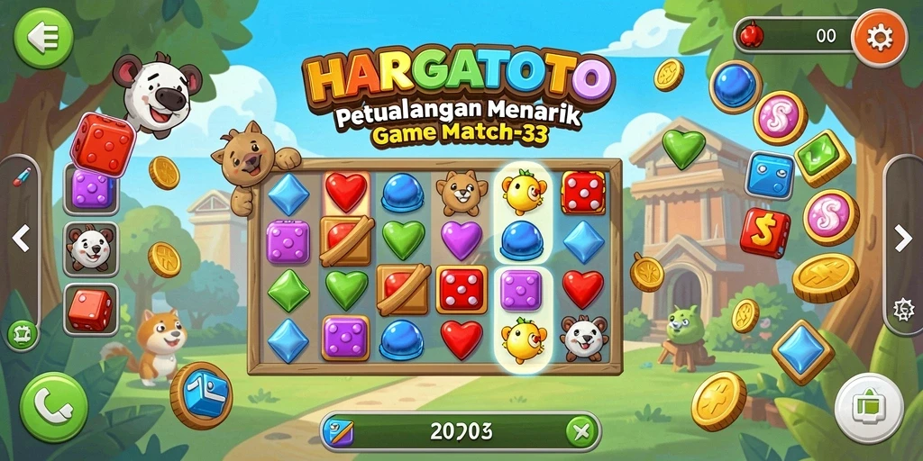 Tampilan gameplay HARGATOTO yang penuh warna dalam game Match-3.