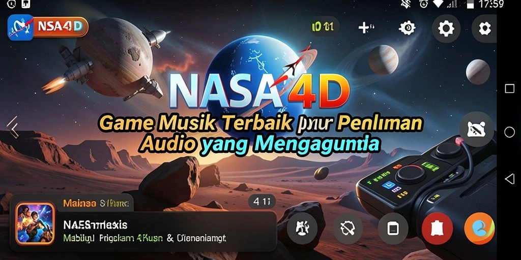Screenshot gameplay NASA4D yang menampilkan fitur interaktif dan alat musik.