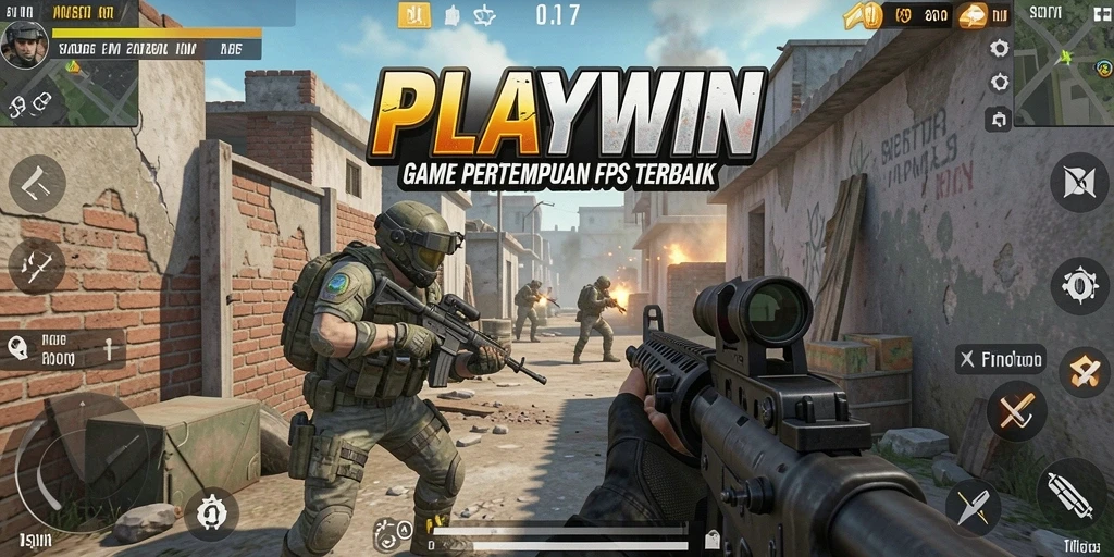 Screenshot utama PLAYWIN menampilkan pertempuran FPS yang intens.
