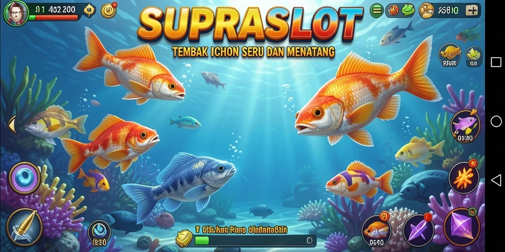 Screenshot gameplay <strong>SUPRASLOT</strong> menampilkan aksi menembak ikan yang seru.